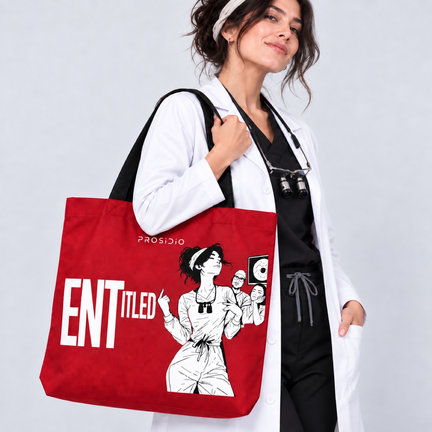 Physician striking a pose with the ENTitled tote
